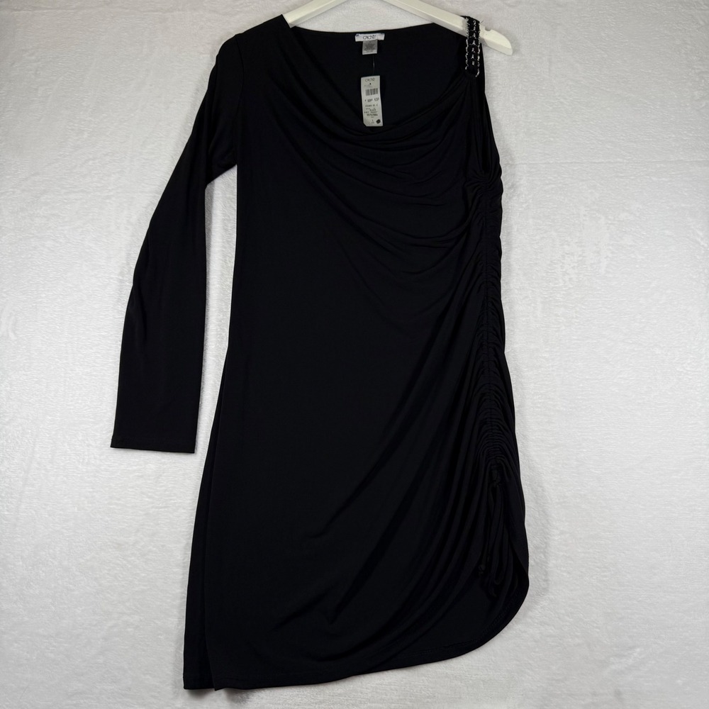 Cache Womens Black‎ One Shoulder Ruched Knit Tunic Shirt Chain Detail Size L NEW